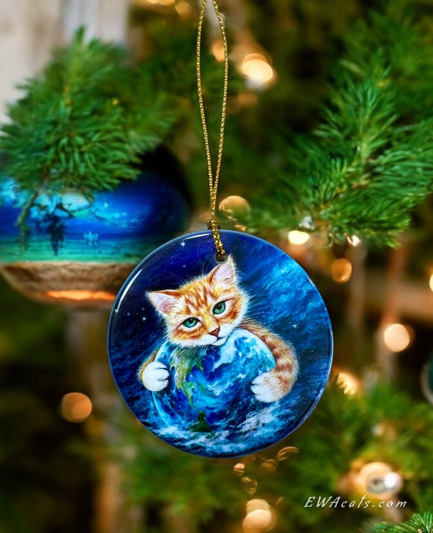 ORNAMENT Porcelain 3"x 3" Round "It's a Cat's World"