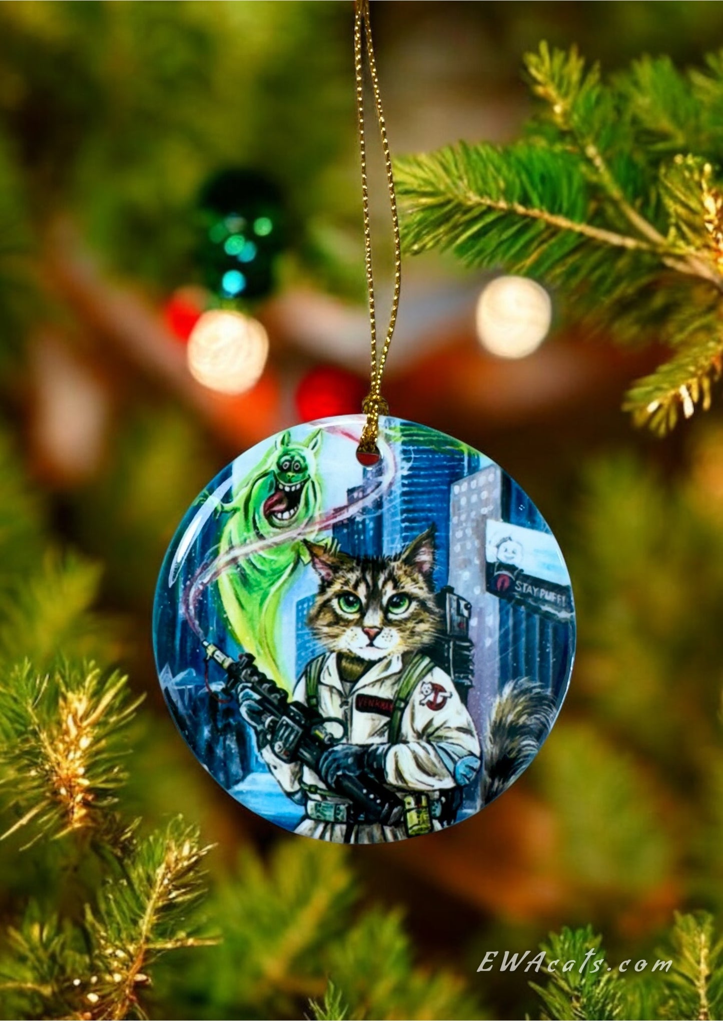 ORNAMENT Porcelain 3"x 3" Round "Ghostbuster Cat"