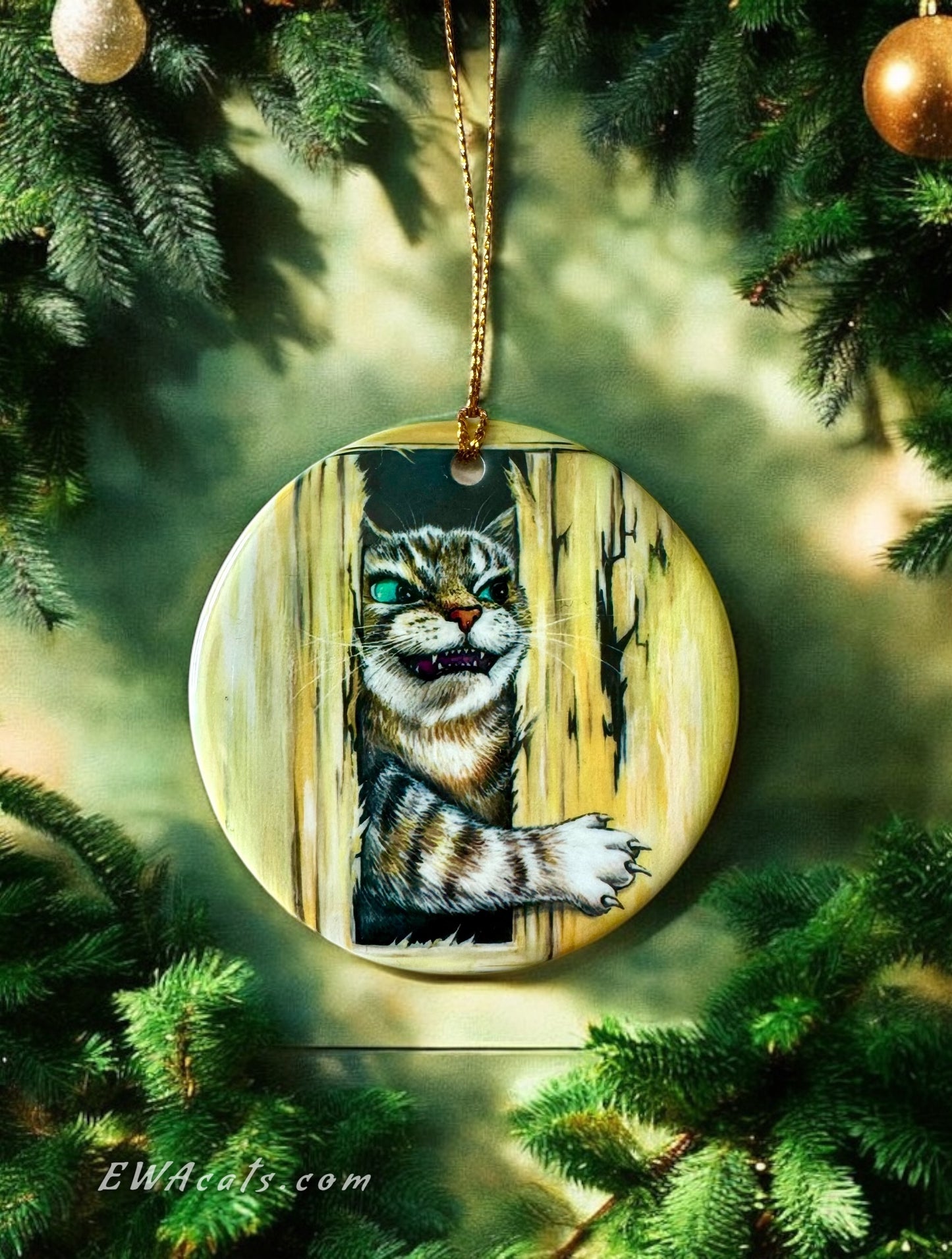 ORNAMENT Porcelain 3"x 3" Round "Here's Kitty"