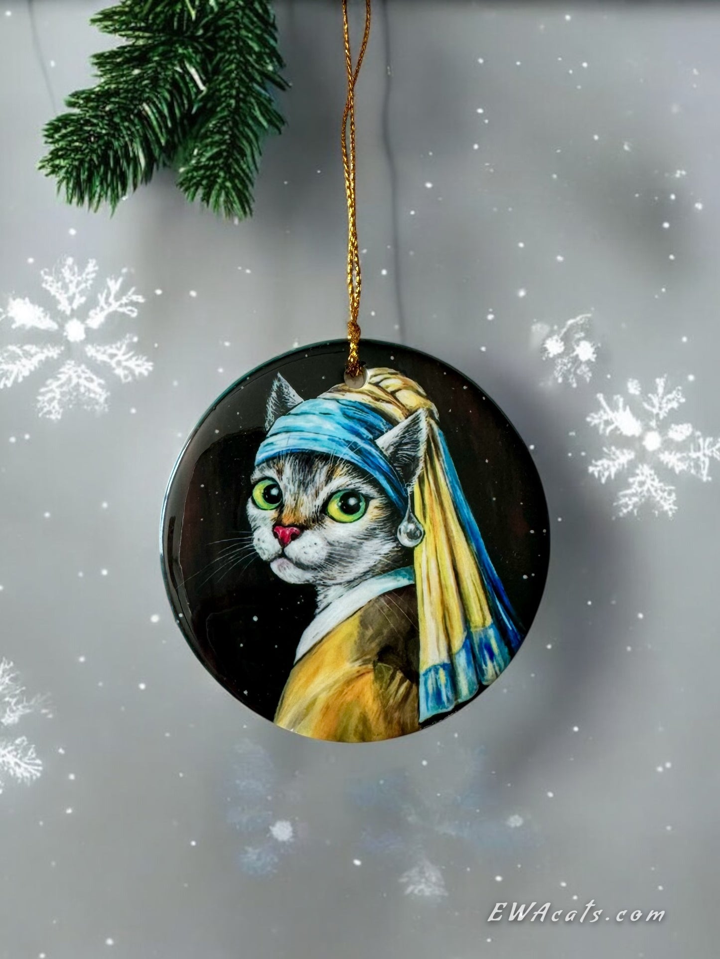 ORNAMENT Porcelain 3"x 3" Round "Cat With a Pearl Earring"