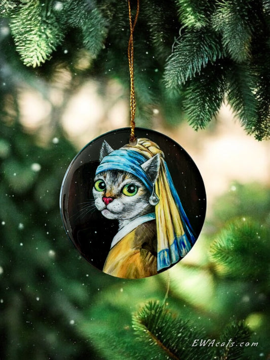 ORNAMENT Porcelain 3"x 3" Round "Cat With a Pearl Earring"