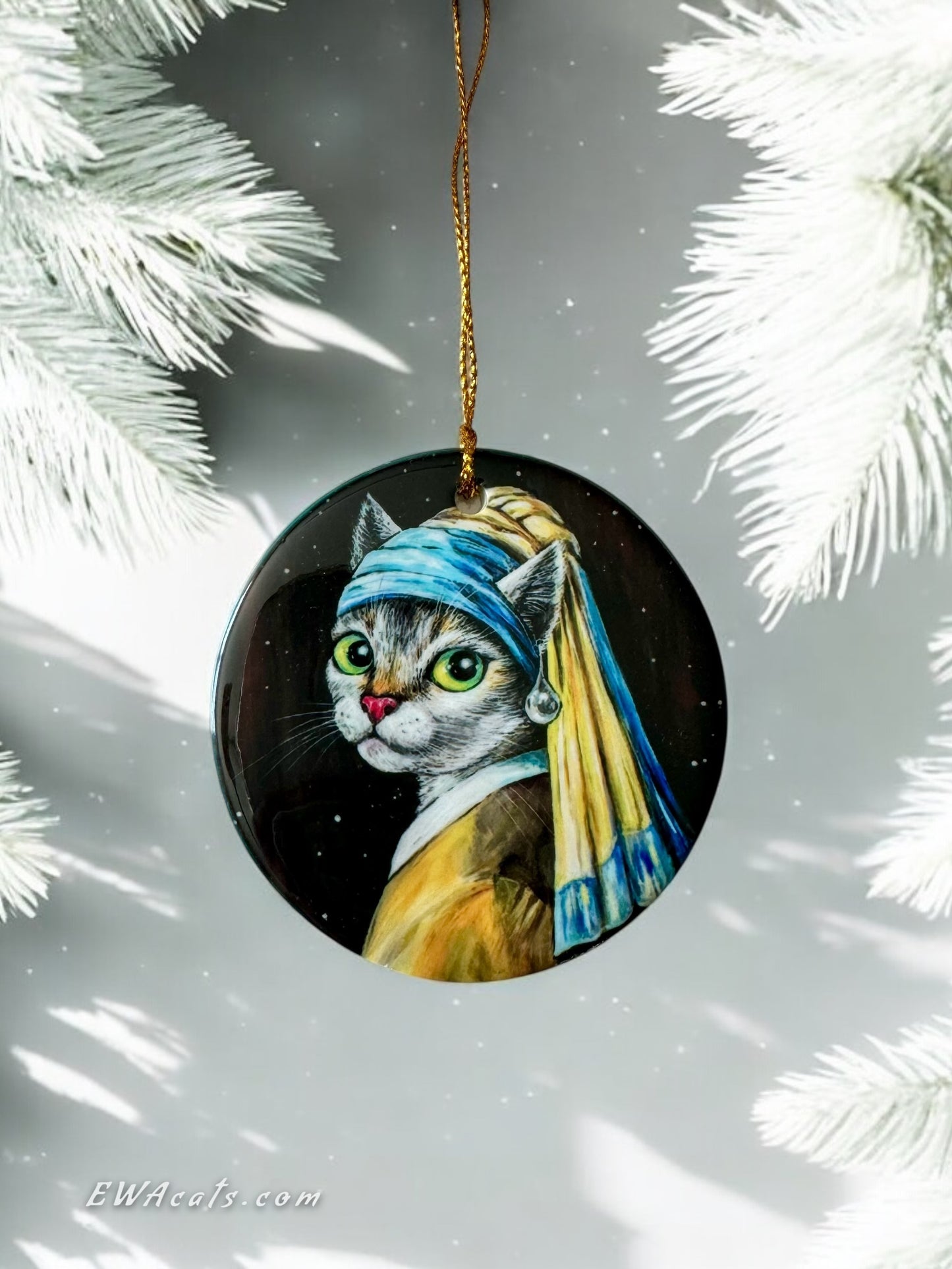 ORNAMENT Porcelain 3"x 3" Round "Cat With a Pearl Earring"