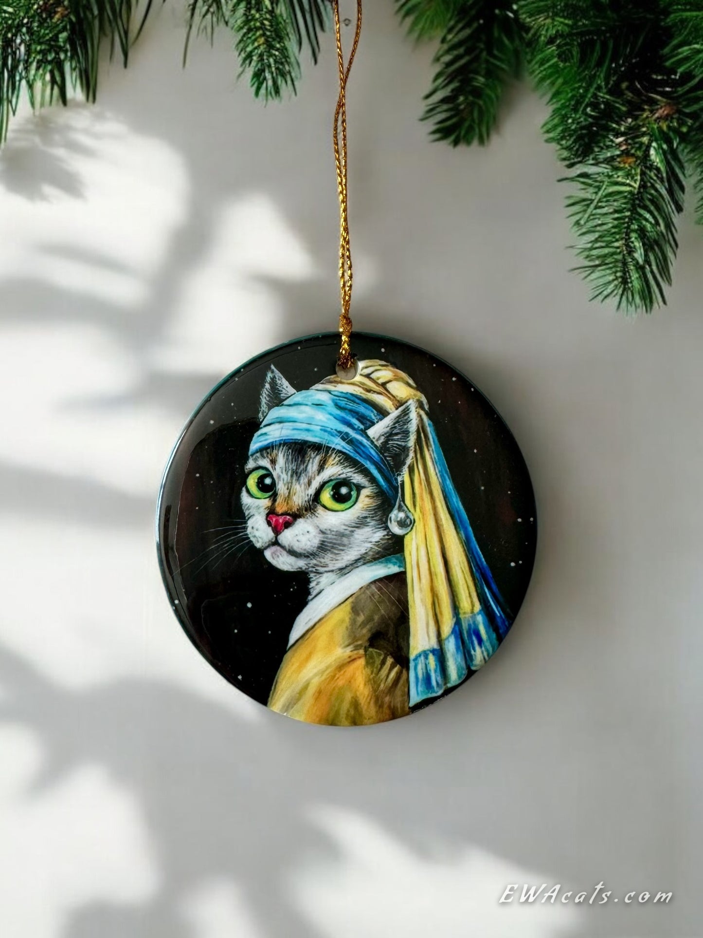 ORNAMENT Porcelain 3"x 3" Round "Cat With a Pearl Earring"