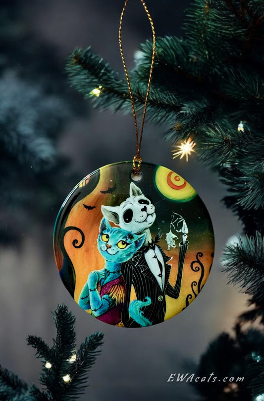 ORNAMENT Porcelain 3"x 3" Round "Jack and Sally Meows"