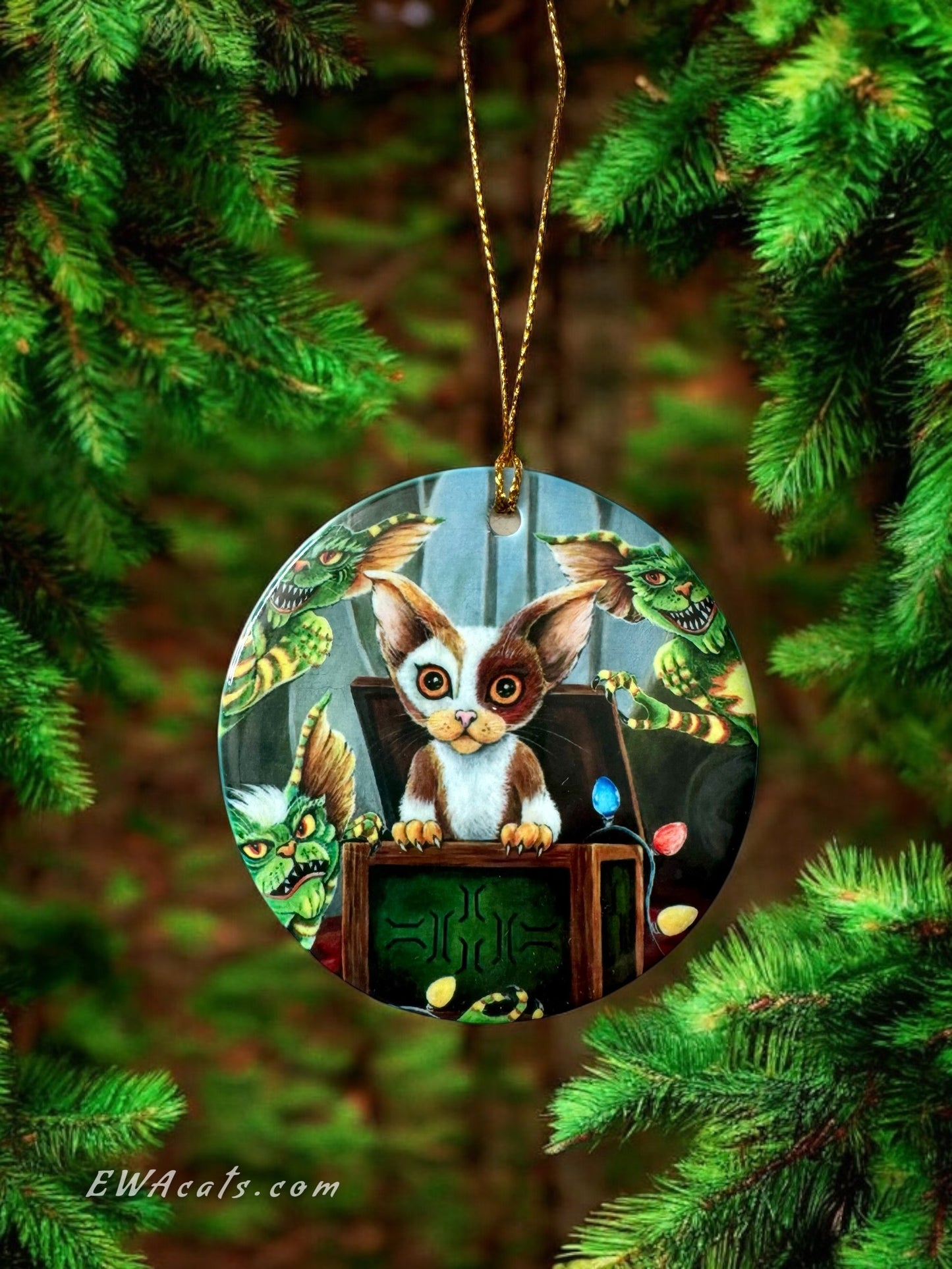 ORNAMENT Porcelain 3"x 3" Round "Furry Gremlins"