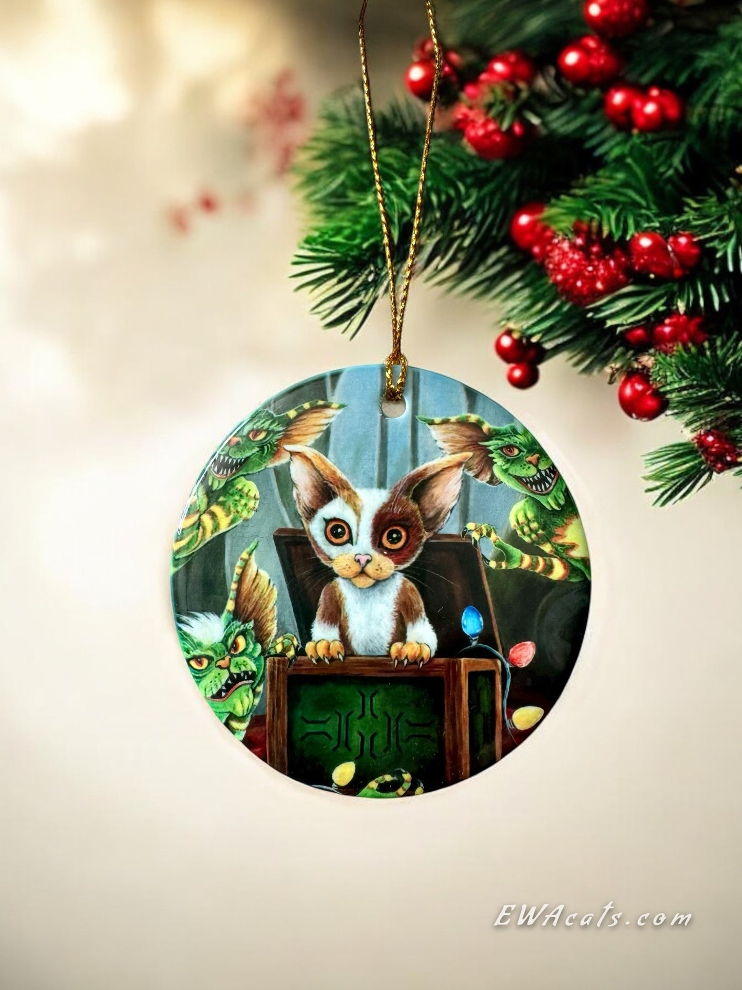 ORNAMENT Porcelain 3"x 3" Round "Furry Gremlins"