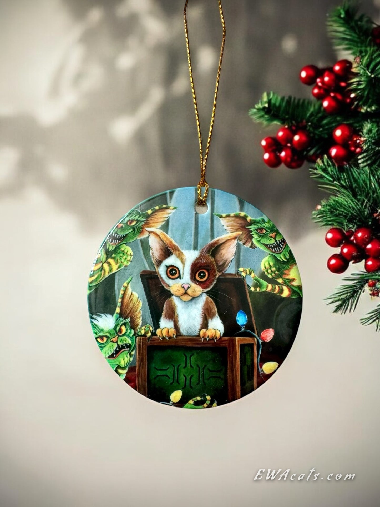 ORNAMENT Porcelain 3"x 3" Round "Furry Gremlins"