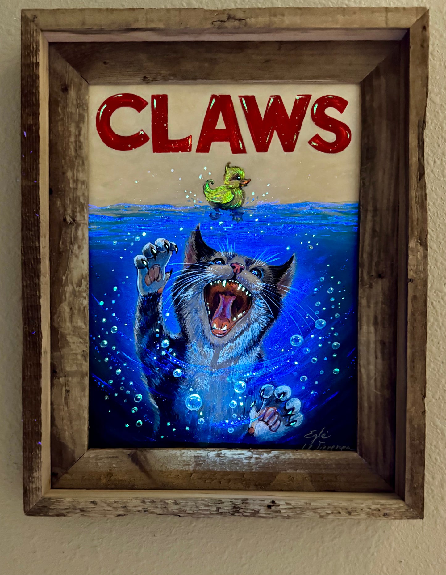 Original Painting "Claws" Inspired by movie Jaws, Glow in black light and in the dark