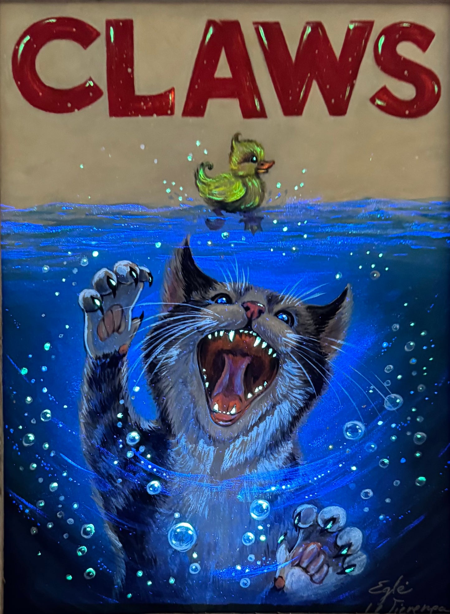Original Painting "Claws" Inspired by movie Jaws, Glow in black light and in the dark