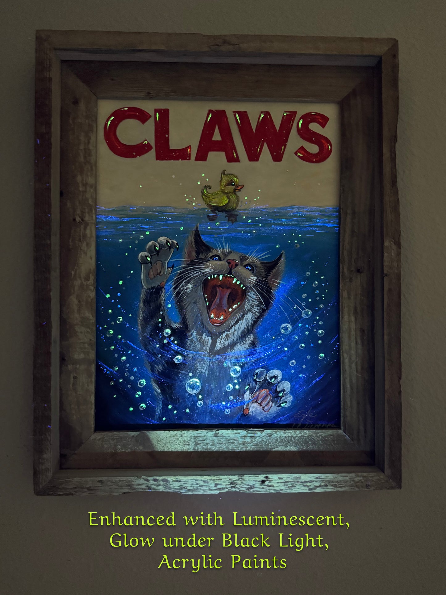 Original Painting "Claws" Inspired by movie Jaws, Glow in black light and in the dark