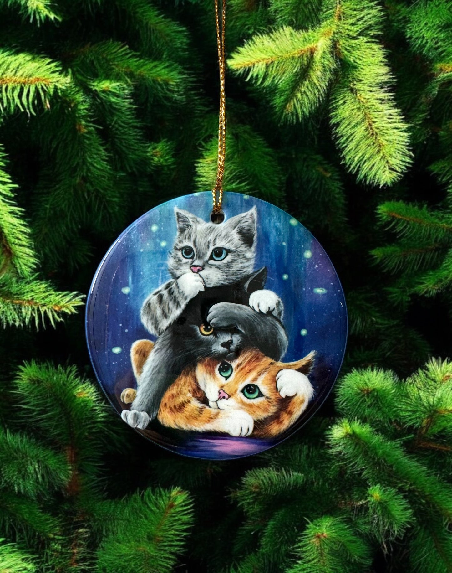 ORNAMENT Porcelain 3"x 3" Round "Three Wise Kitties"