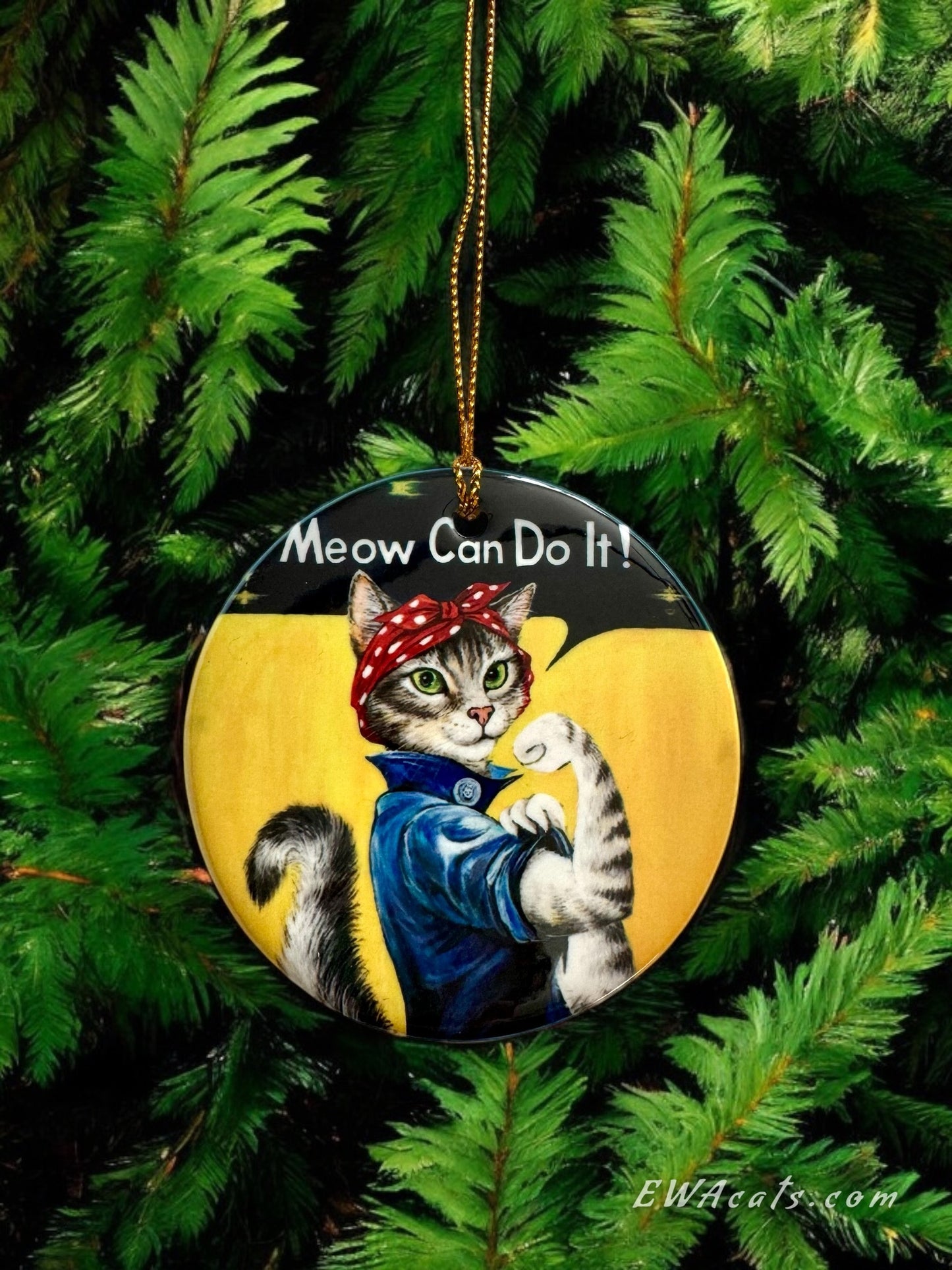 ORNAMENT Porcelain 3"x 3" Round "Meow Can Do It!"