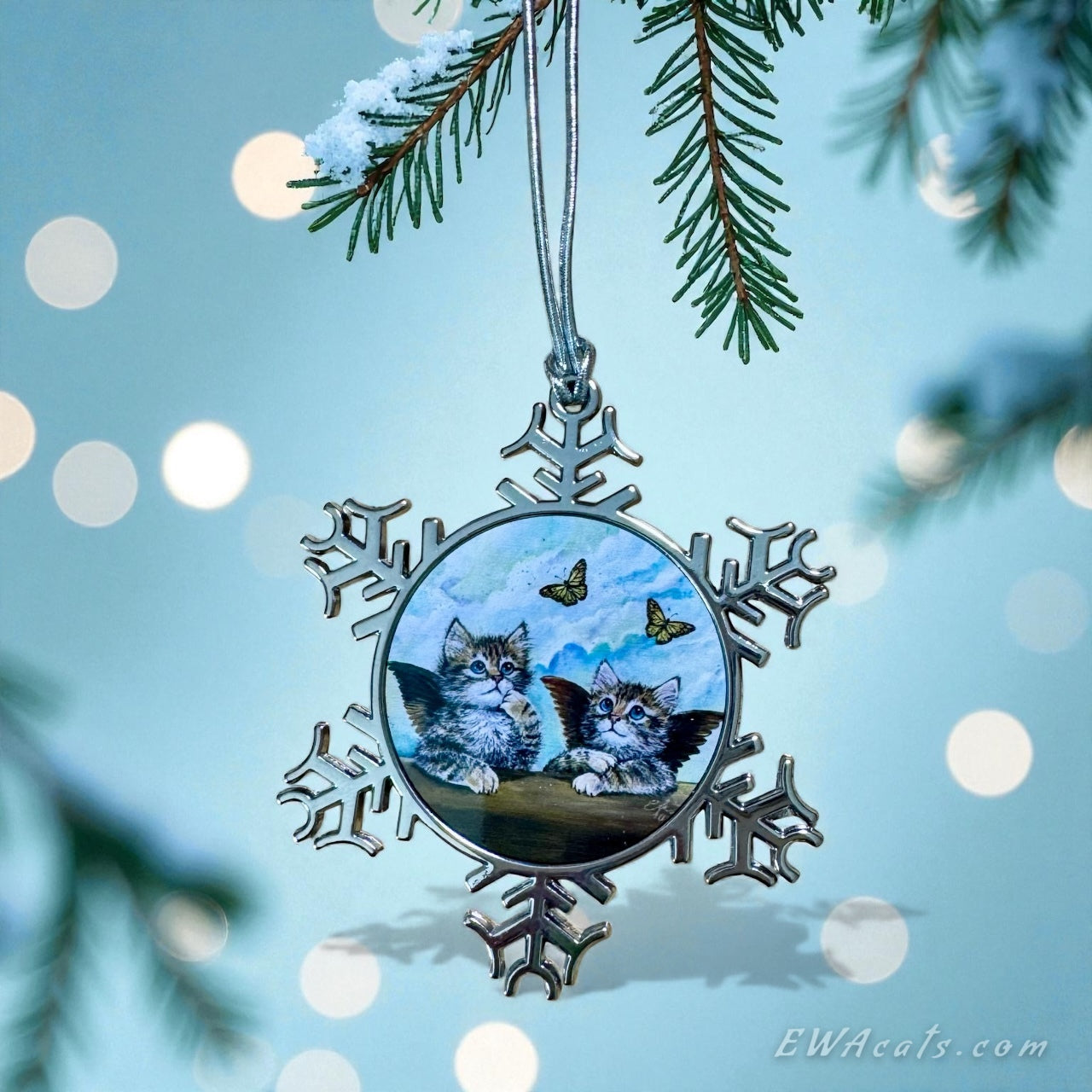 ORNAMENT 3"x 3" Silver Snowflake "The Sistine Kittens" (Image on both sides)