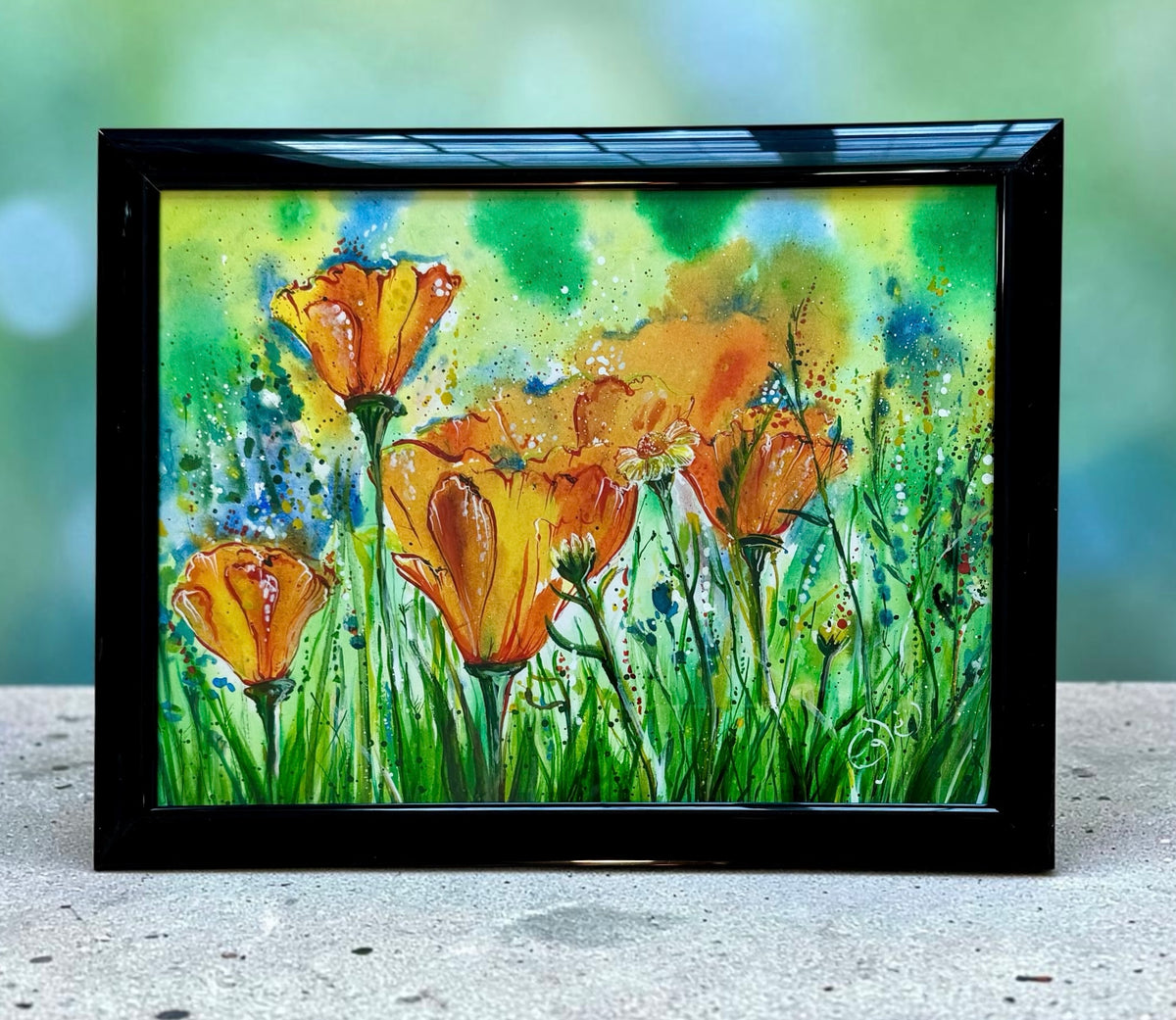 Original Painting "Sunlight Poppies" Fluid Acrylic on paper
