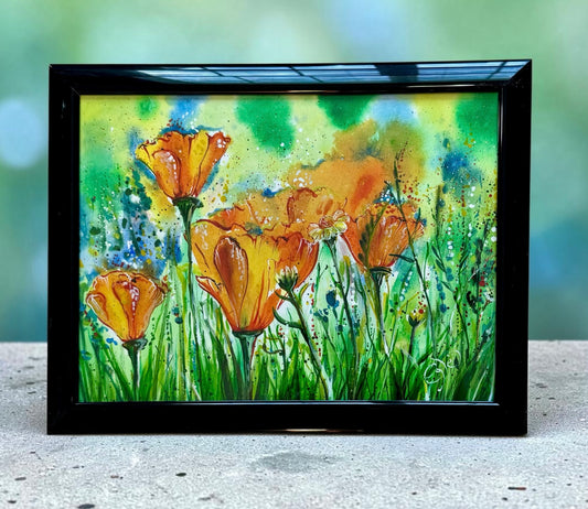 Original Painting "Sunlight Poppies" Fluid Acrylic on paper