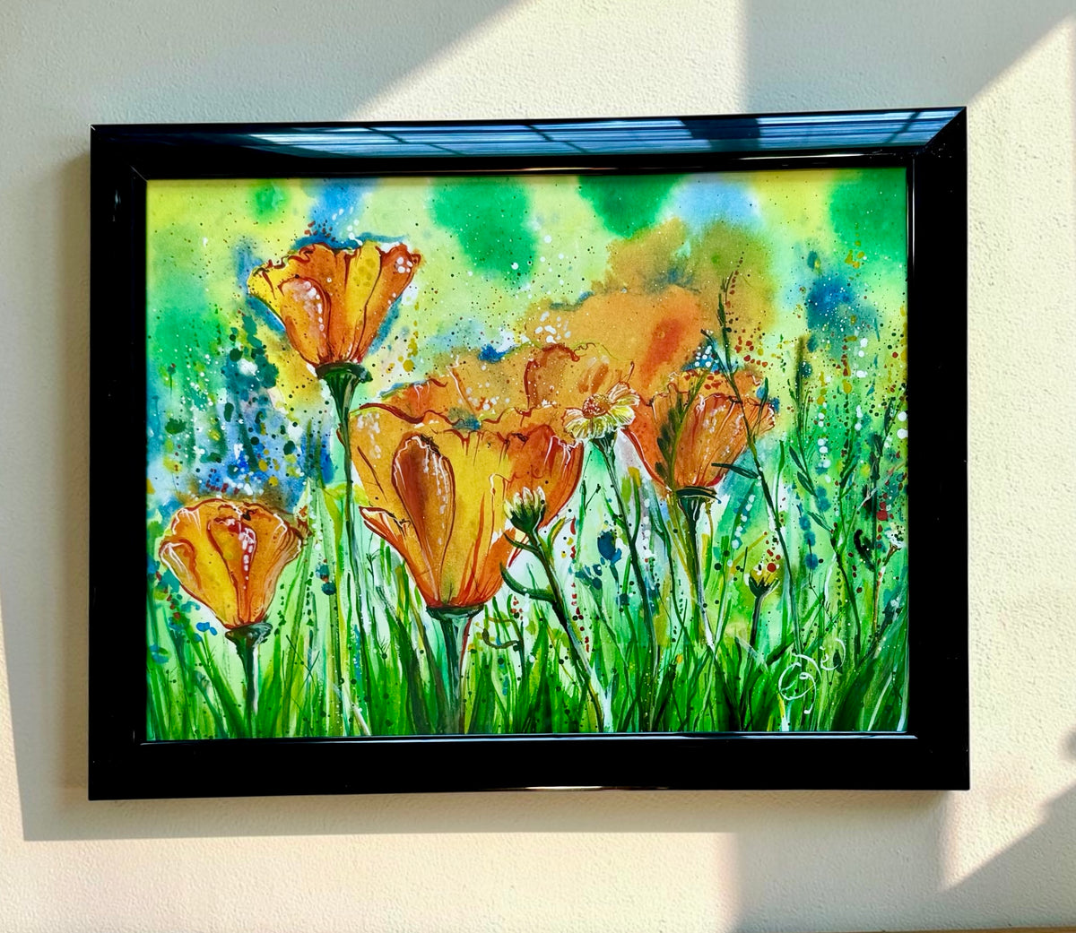 Original Painting "Sunlight Poppies" Fluid Acrylic on paper