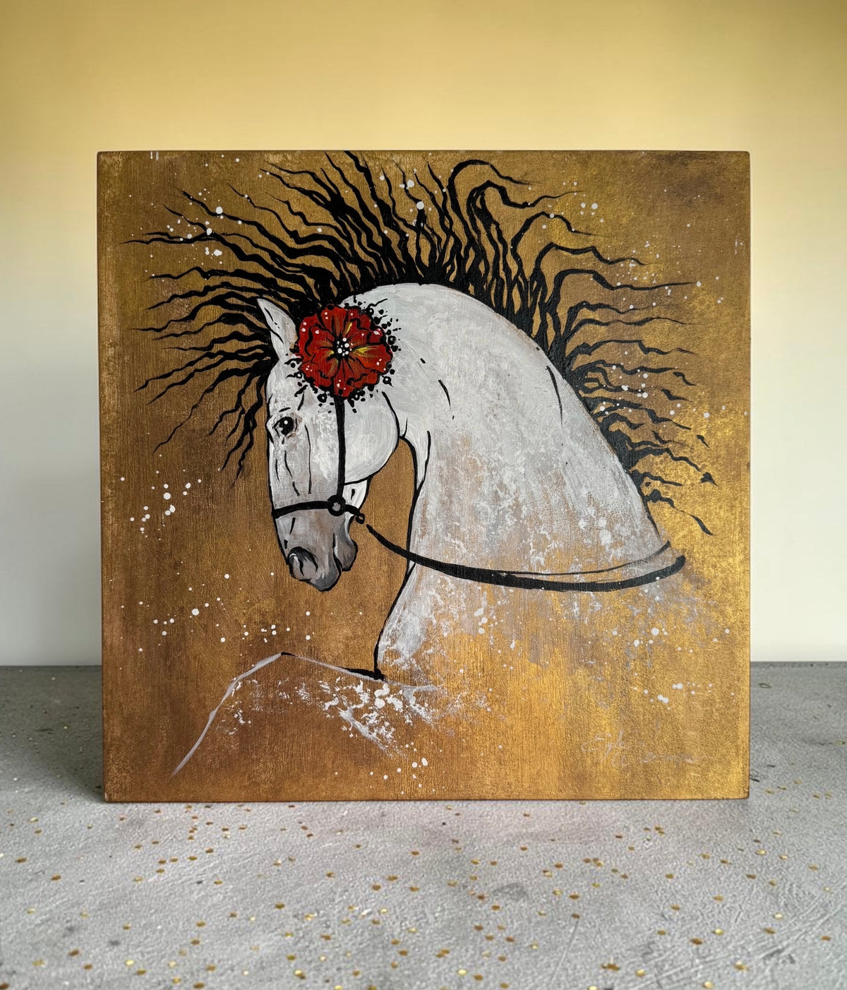 Original Painting "Spanish White Horse" Acrylic on Wood