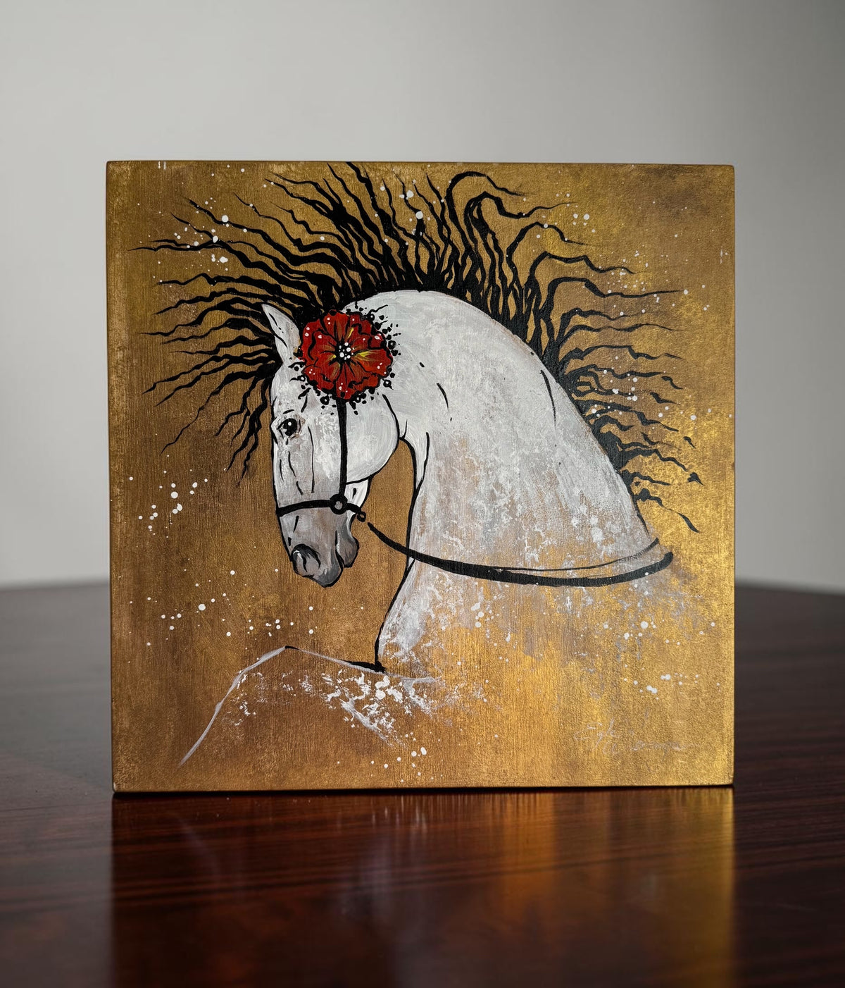 Original Painting "Spanish White Horse" Acrylic on Wood
