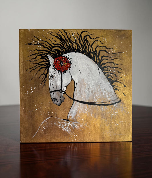 Original Painting "Spanish White Horse" Acrylic on Wood